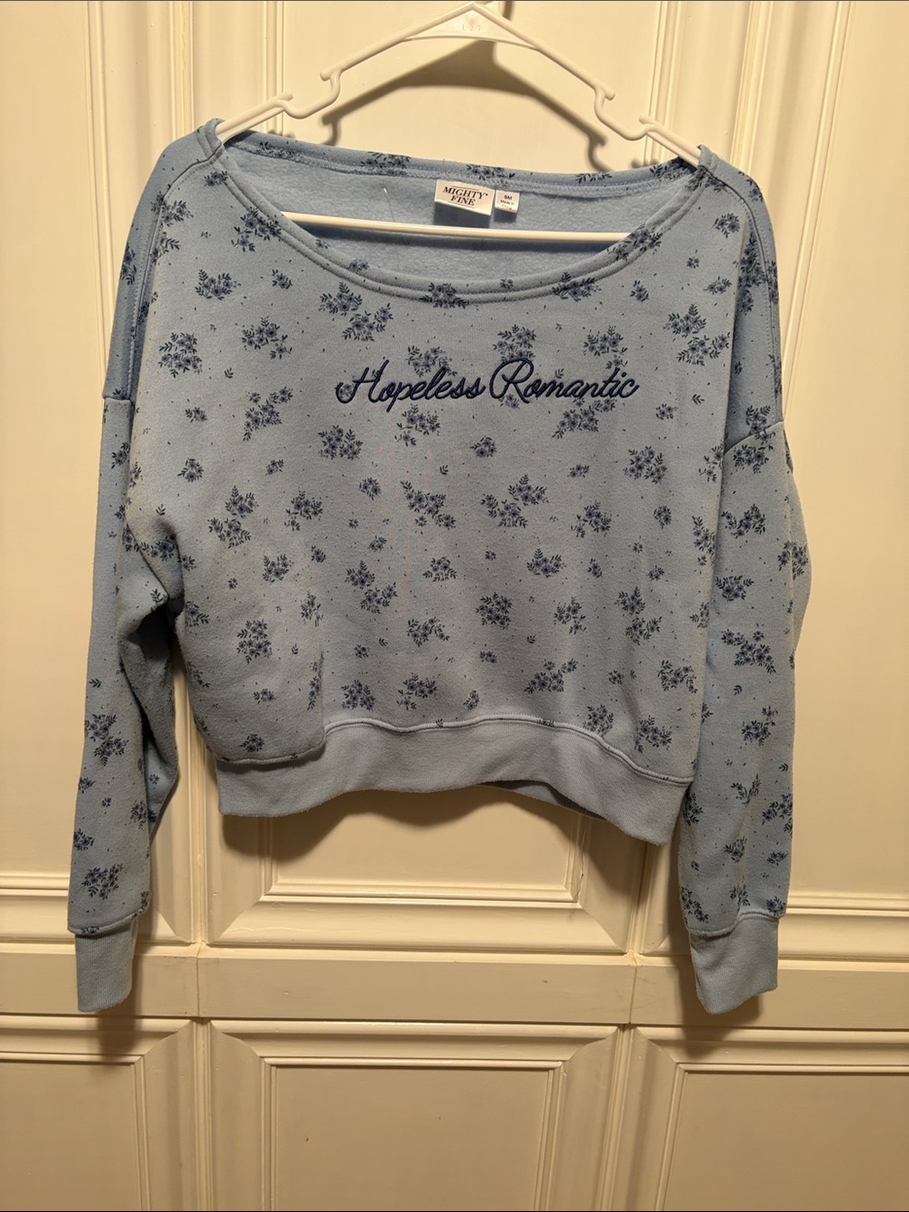 Mighty Fine Light Blue 'Hopeless Romantic' Floral Cropped Sweatshirt